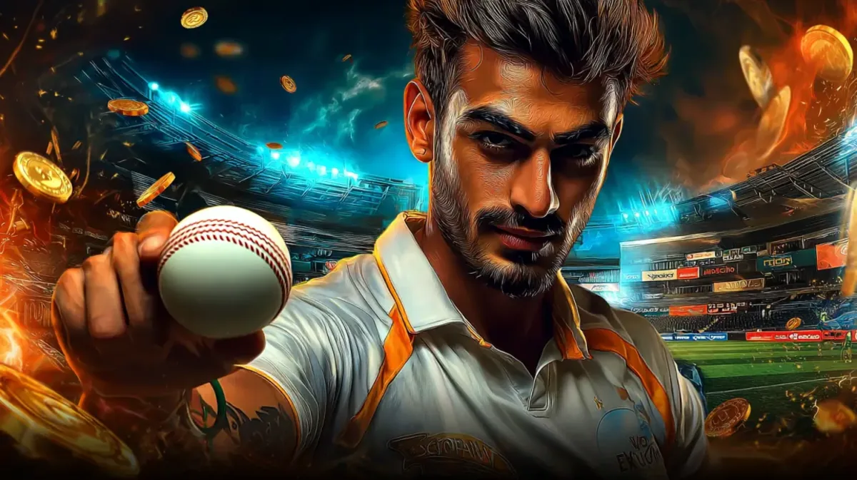 cxbet-এ ক্রিকেট-গেমিং‑র উত্তেজনাপূর্ণ জগত প্রচারের জন্য ভিড়ভর স্টেডিয়ামে এক মনোযোগী ও তীব্র দৃষ্টি সম্পন্ন পুরুষ ক্রিকেট খেলোয়াড় একটি ক্রিকেট বল উঁচু করে দেখাচ্ছেন। সোনা-চিহ্নিত মুদ্রা ও অগ্নি-প্রভাব নাটককে আরও ড্রামাটিক করে তোলে।